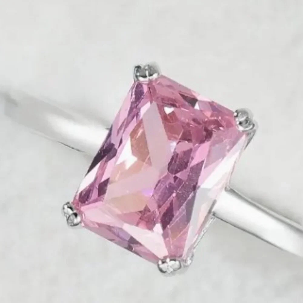 925 Sterling Silver Statement Ring With a Square Cut Pink Zirconia Stone Size 8
